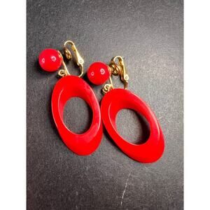 Vintage Trifari red lucite hoop clip on earrings